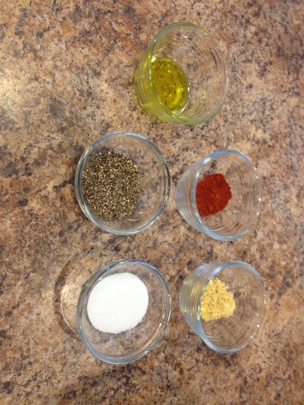 Next comes the yummy spices . 1 tsp smoked paprika, 3/4 tsp ground mustard, 1/4 cup grape seed oil, salt and pepper. Don't be afraid to adjust the spice amounts to your liking:)