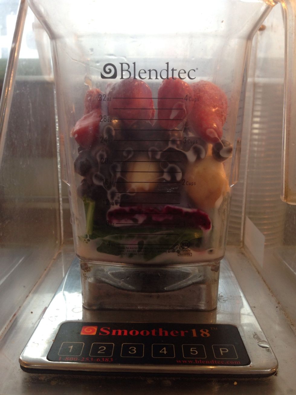 Next comes your almond milk. Fill up to the 2 oz line on your blender(obviously after you've added all other ingredients) If you're allergic to nuts you can always substitute for soy milk!