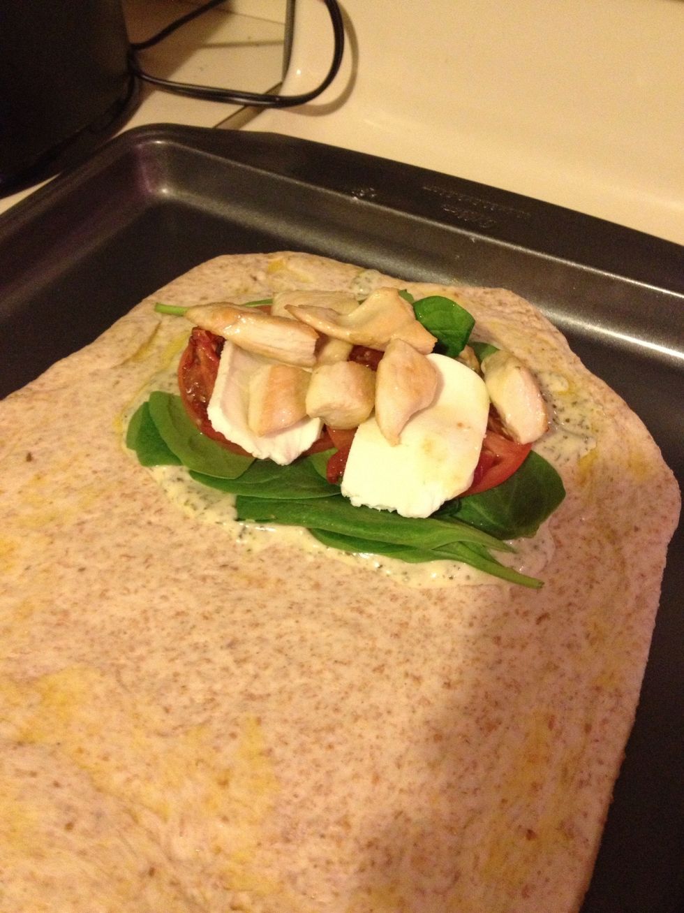 Next compile ingredients in any order. You can add or subtract ingredients. I used tomatoes, roasted tomatoes, spinach and fresh mozzarella geese!