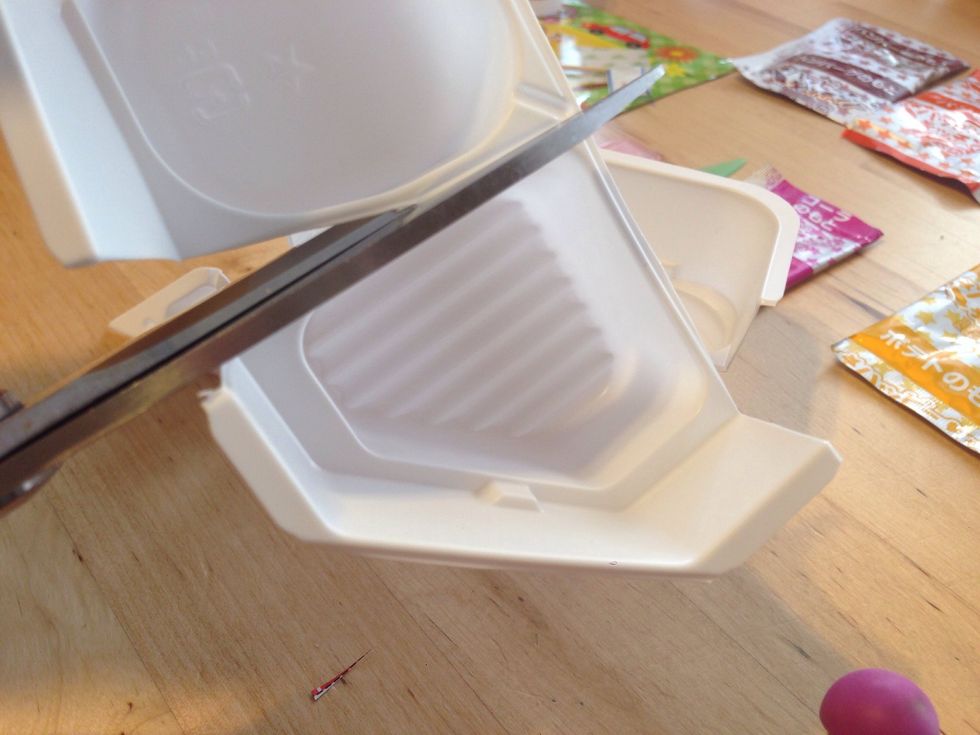 Next Cut the Triangular Ribbed bottom part of tray. This will be used primarily for Mixing and Shaping French Fries. After fries are done, this is used as a mixing bowl for other ingredients.