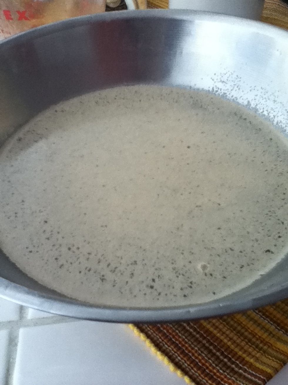 Next, dissolve sugar in lukewarm water. Then sprinkle yeast on top. Do not stir.