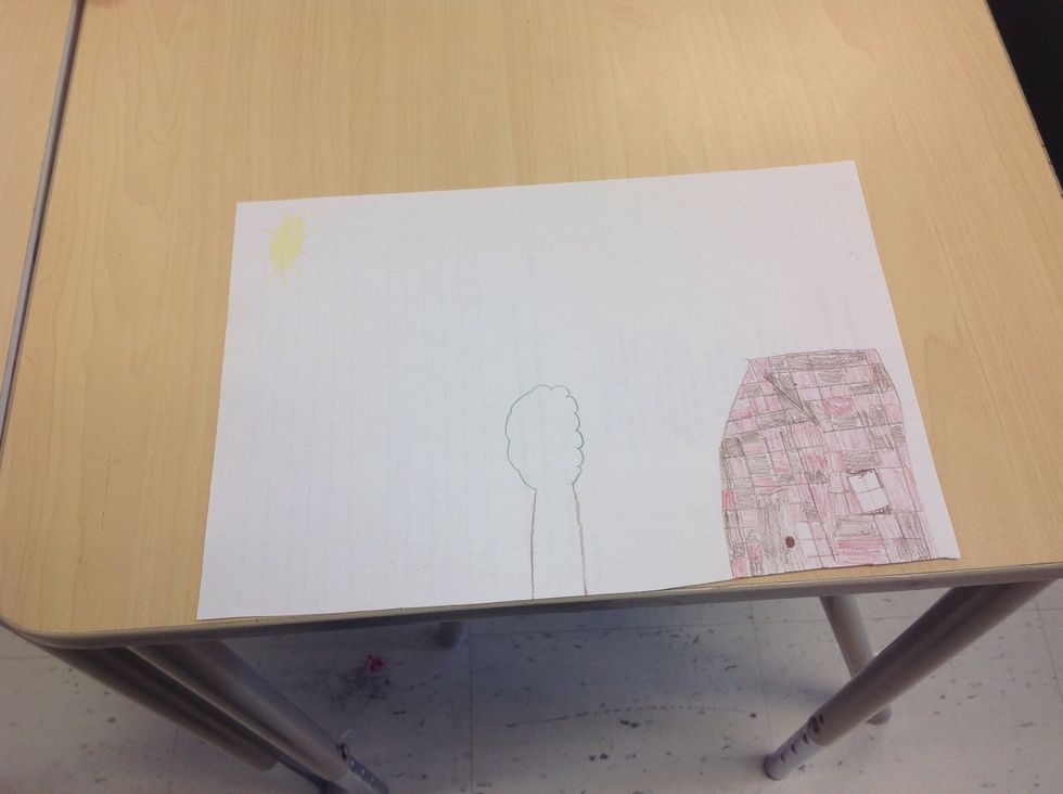 Next draw a 3d house.Make it on the right side of the tree.Colour the bricks red and brown and colour the door brown.Don't colour the window.