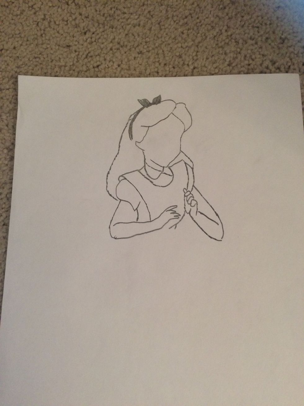 Next draw the top part of the body and the arms. Make sure you add all the creases in the dress. (I'm really bad at drawing hands)