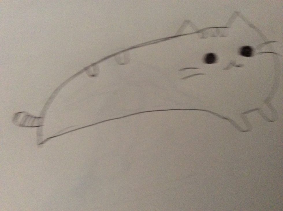 Next , draw three stripes on the tail and between the ears , draw two stripes on the body. After , draw two eyes the nose and the whiskers .