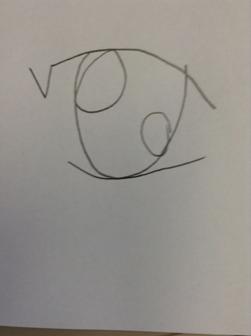 Next,draw two circle in the middle of the eye 1 at the top left corner and one at the bottom right of the shape.