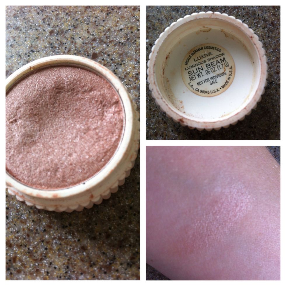 Next, dust a sheer, shimmery champagne shade over the lid, like you did with the caramel shadow. I'm using a Merle Norman Eyeshadow in the color "Sun Beam"