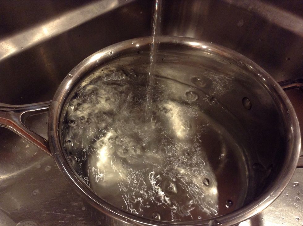 Next, fill your pot with water. Enough to double the eggs height and width