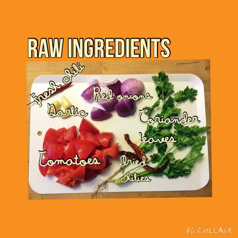 Next. Gather your raw ingredients. Leave the dried chili & coriander leafs for later use. Note: use 1/2 a chili if you can't take spicy food.