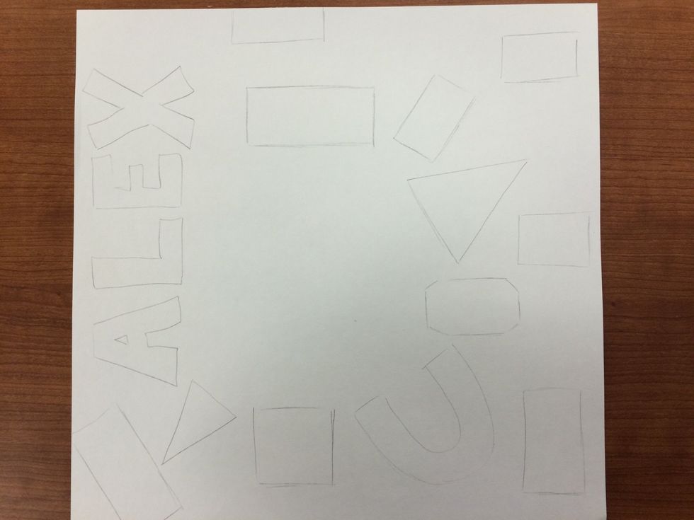 Next get a 12"x12" paper and draw shapes around the vanishing point. These shapes will be the buildings in your city. Get creative and think of interesting shapes you could draw for your buildings.