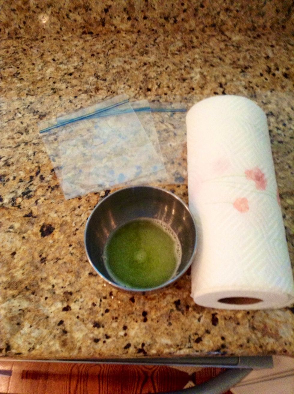Next, get together your Zip Bloc Bags, paper towels, and the cucumber juice. (You can also use cotton pads for this, but I didn't have any.)