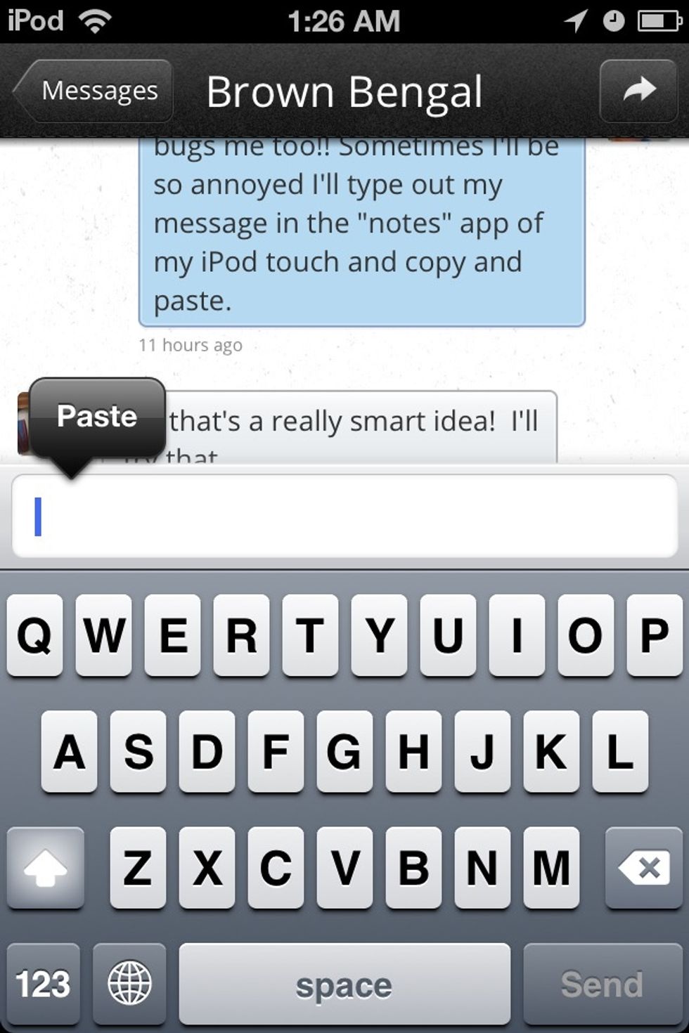 Next, go to the app you want to insert the message (as an ex. I chose Snapguide's private message option.) Pull up the keyboard and tap the text area. The little button "Paste" will appear. Press it.