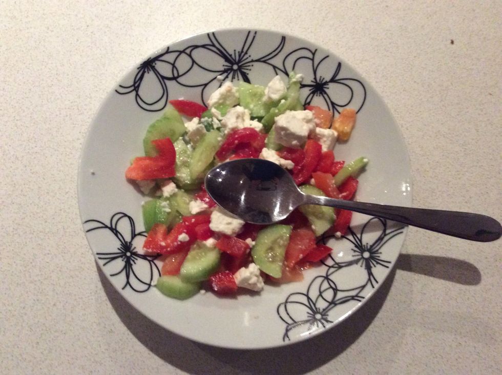 Next, grab a bowl out and put all your ingredients in it in any order or just at the same time. Mix it all together with a spoon.