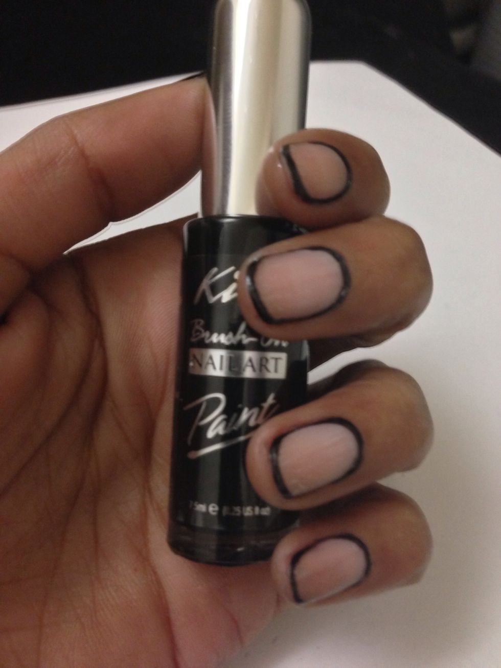 Next grab your black nail art paint and draw a diamond design with a line through the bottom on one of your nails and let dry.