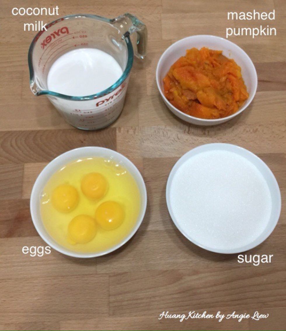 Next, have ready the eggs, mashed pumpkin, coconut milk and sugar. Ensure everything is at room temperature for best results.