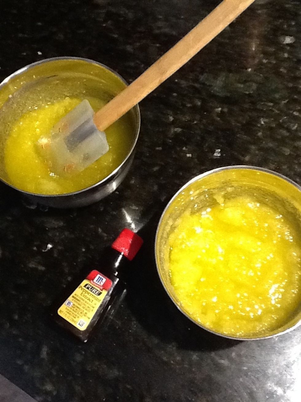 Next I added a couple drops of peppermint extract to each bowl to make it smell good. You could also use peppermint essential oil, other scents, or nothing at all.
