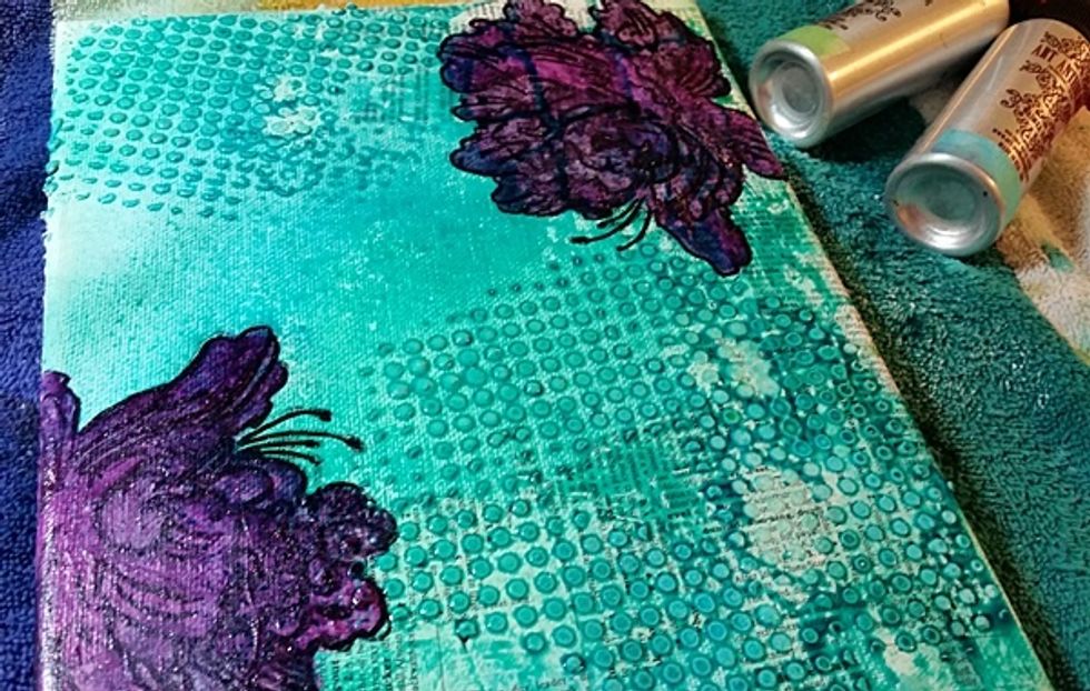 Next I added my Colorations Spray, my flowers were safe because of the resit layer created by using the Sorbet.