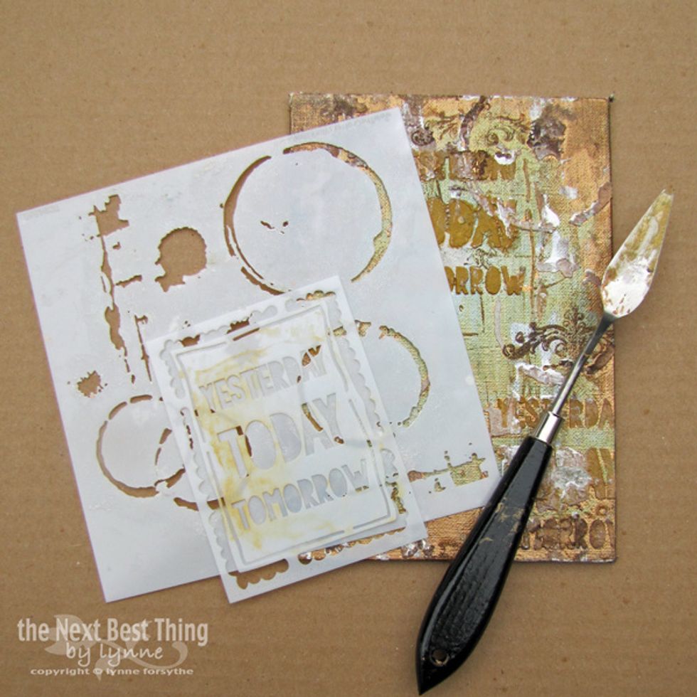 Next I applied various texture mediums through The Crafter's Workshop Coffee Splotches 6 x6 template and Today Framed Frags with a palette knife.