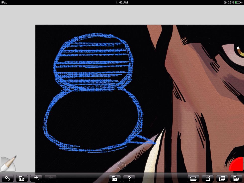 Next I do two things: 1. I use the palette knife (blending tool) to smooth out the digital oils. 2. Now I start sketching the word balloon. Like the first sketch it's blue.