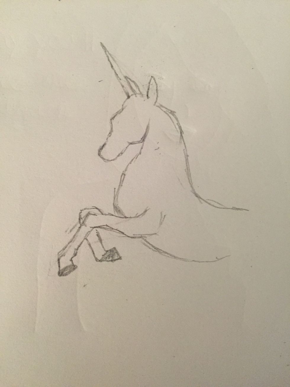 Next I drew in Sparkles's front legs. It took me a white to get it perfect- I recommend looking at a picture of a horse skeleton to get in mind the shape and joints. Also begin to sketch in the back.