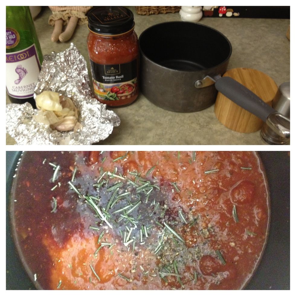 next I prepare the sauce by adding some red wine and spices! I also pop the garlic in the sauce at this point. Hunter says to boil the sauce first, than to simmer so that it can thicken.