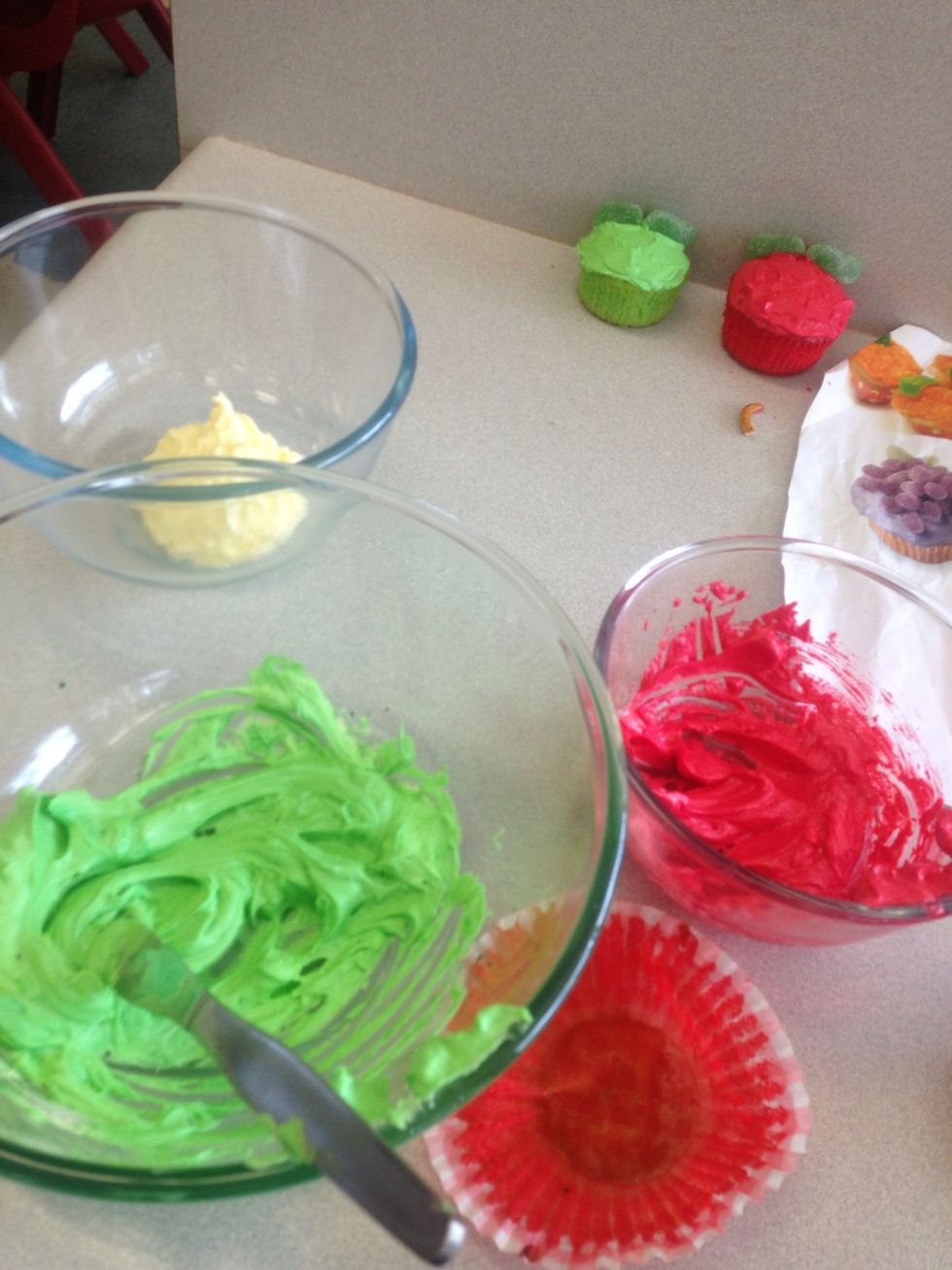 Next, ice the cupcake. I colored the cupcake the color of the fruit; so I then iced the cupcakes so that the icing and the cupcake were the same color.