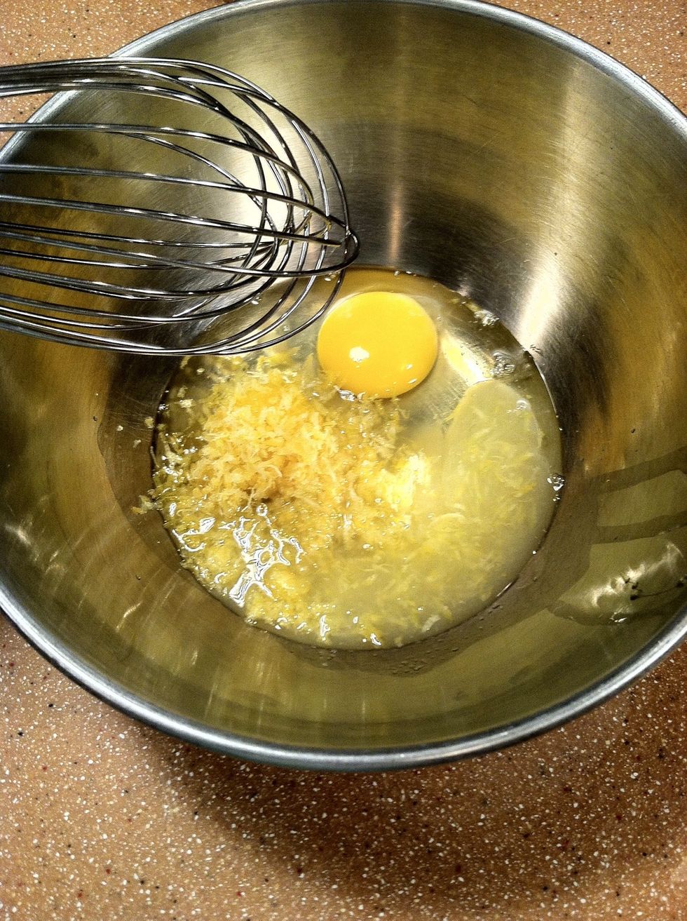 Next, in a seperate bowl whisk together eggs and lemon juice and zest until combined.