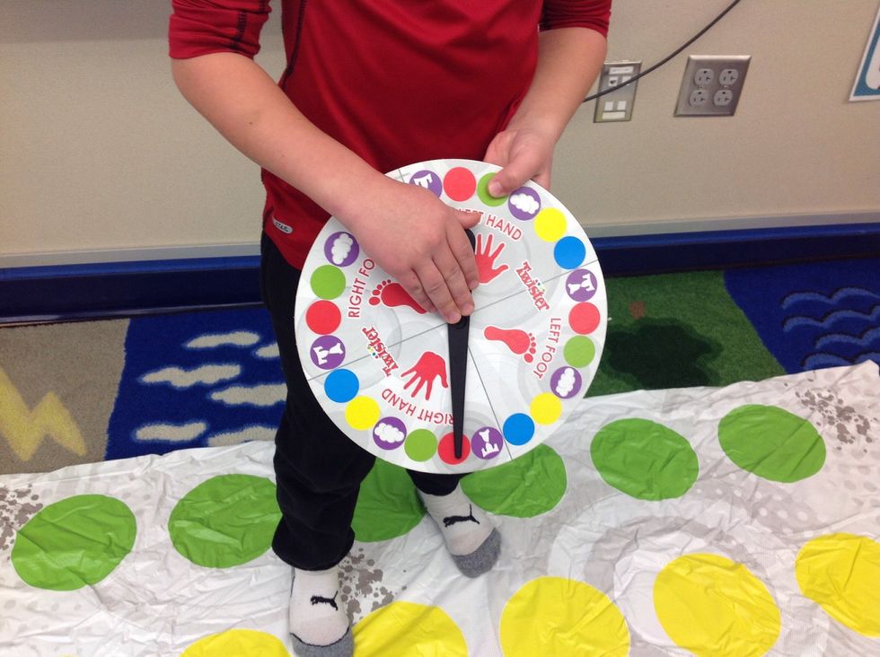 Next, it may land on right/left foot or hand red, yellow, green or blue and all players have to do that.