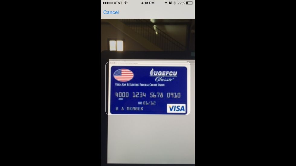 Next, line up the credit card shape in your camera with your credit card. Note: for demo purposes this is not a real credit card.