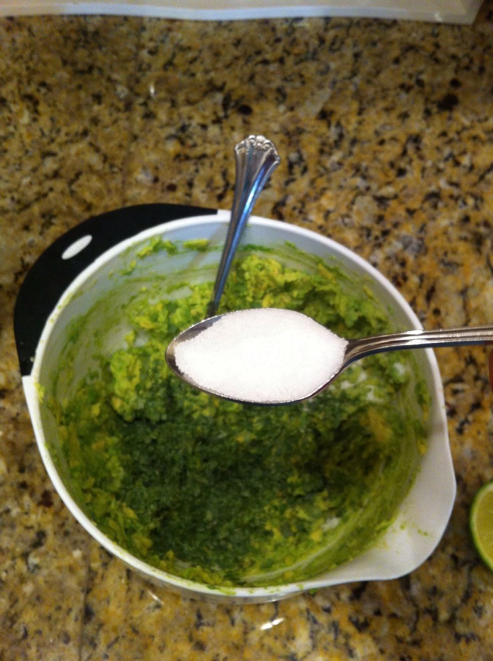 Next mix in one small teaspoon of salt. More or less to taste.