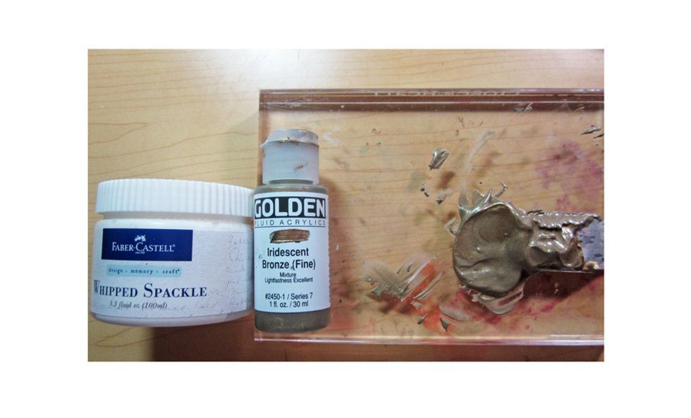 Next mix some paint and some whipped spackle to create a thick paste that we are going to stencil on the top of the box.