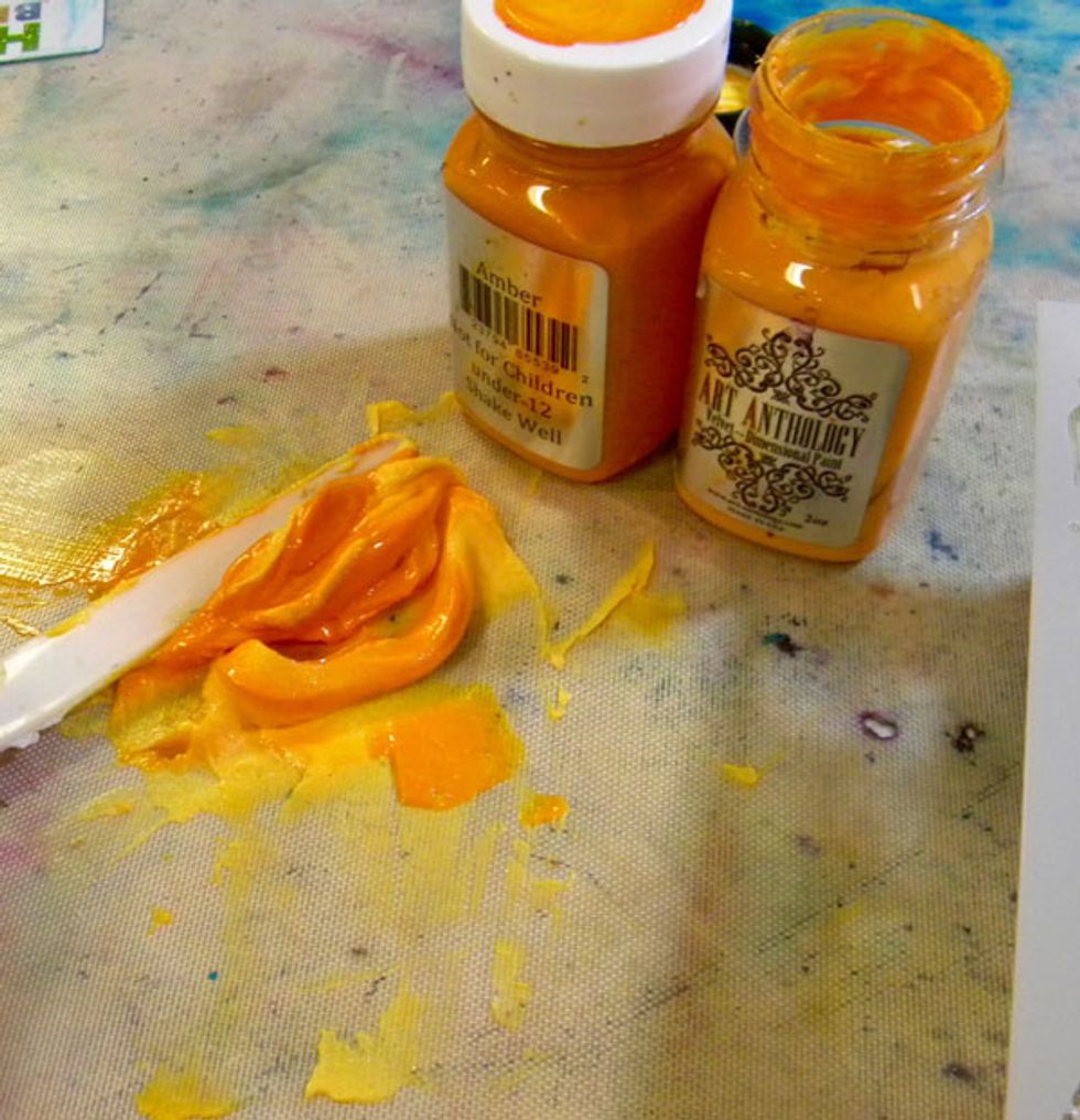 Next, mix together Amber Gemstones, Mayan Gold Velvet and Mud to make a bright golden yellow color.  This color is really going to stand out against the deep blue background.
