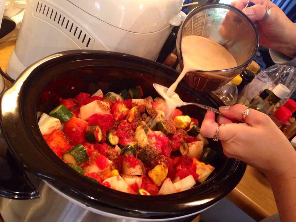 Next mix up two heaped teaspoons of corn flour with half a cup of COLD water and add it to beef or vegetable stock, pour over your ingredients.