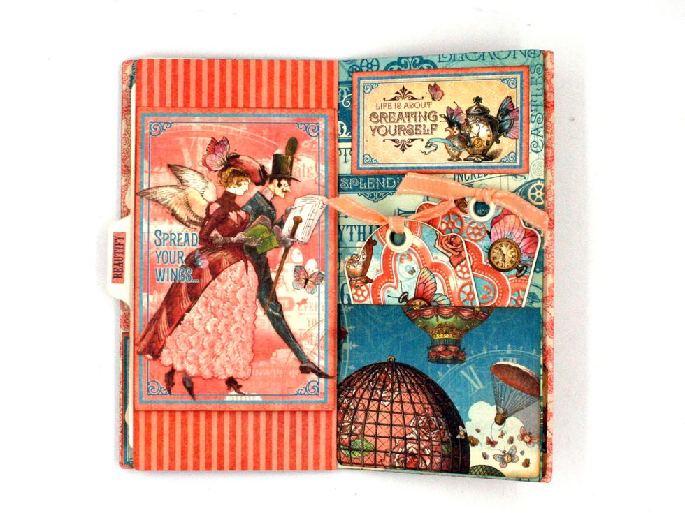Next page: Score a large ephemera card at 3/8" at the top.  Use Scor-tape to adhere as shown in the photo.  On the right side create a pocket with a 3 1/8 x 4" scrap.  Adhere cut-apart at the top.