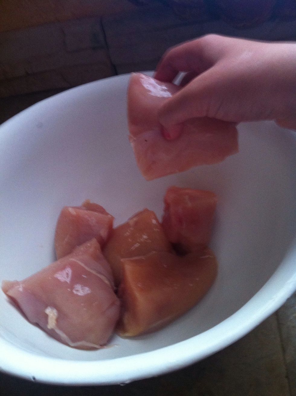 Next, place all your chicken halfs in a bowl. :)