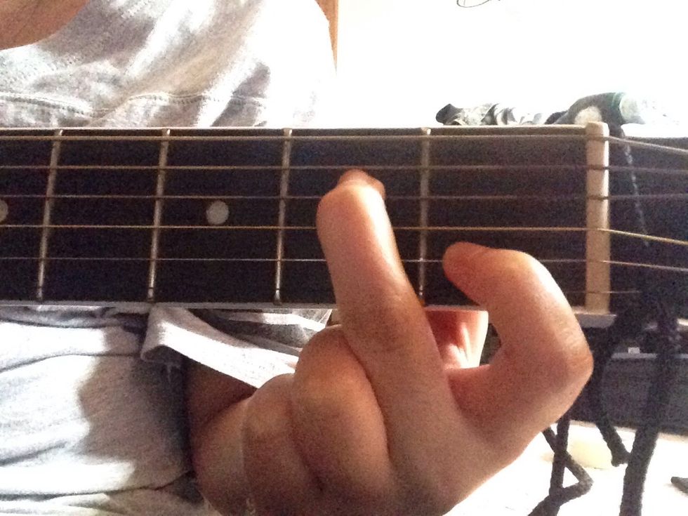Next, place your middle finger on the D string in the second fret.