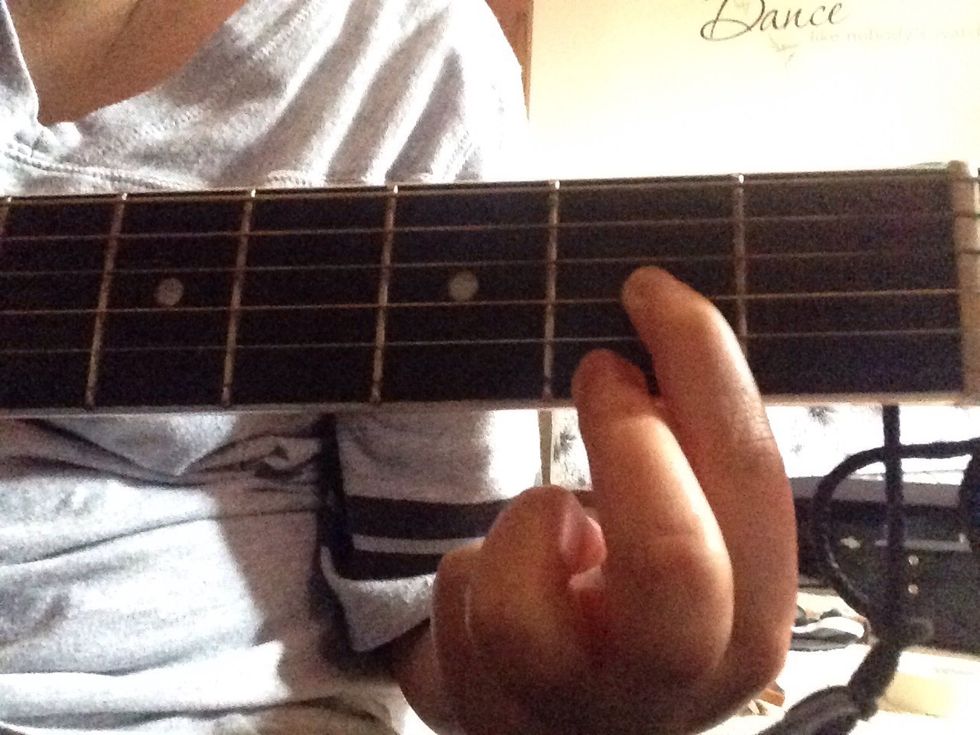 Next, place your middle finger on the high e string in the second fret.
