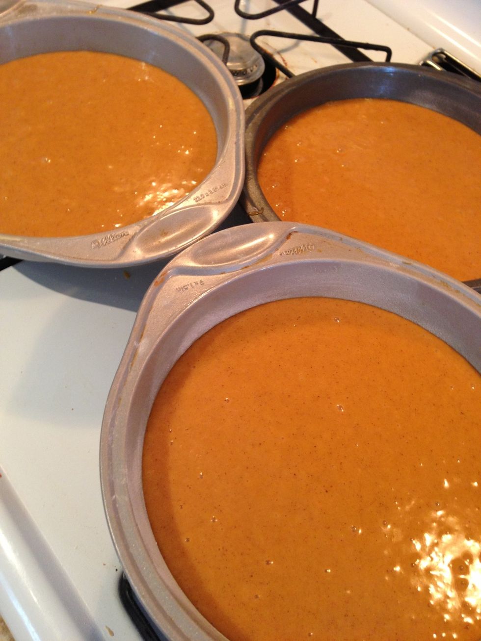 Next, pour in even amounts into all three of your flour dusted/greased cake pans.