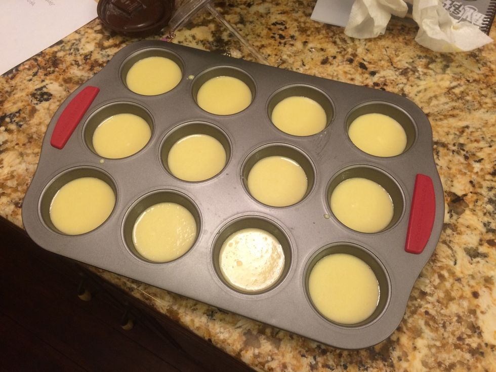 Next, pour the batter into a pan. Fill each cup 3/4 full.