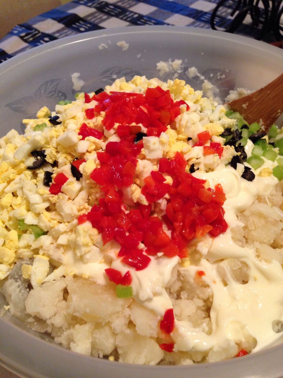 Next pour the pimiento into the bowl.