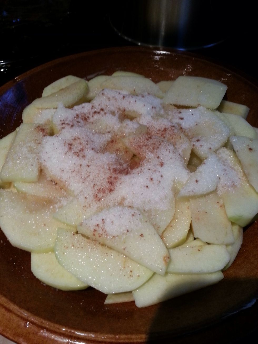 Next, pour the water over the apple and sprinkle the granulated sugar (not the caster) and the cinnamon on top - you can add a little more cinnamon depending on your preferences.