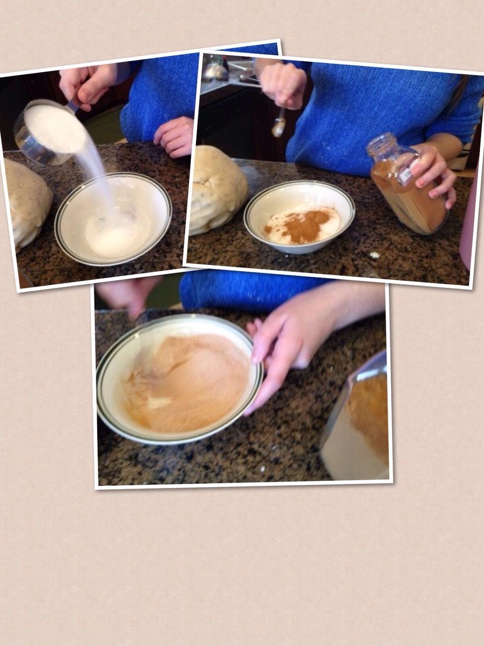 Next, prepare the sugar coating. Pour the cinnamon and sugar into a separate, shallow bowl and stir together.