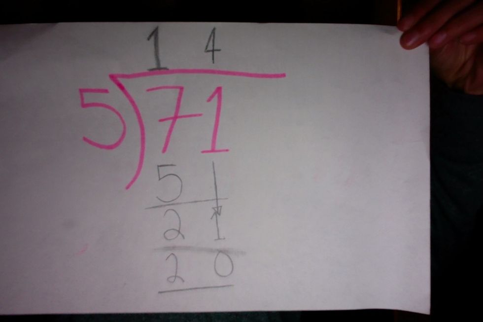 Next, put a 20 below the 21 because 4 x 5 is 20.