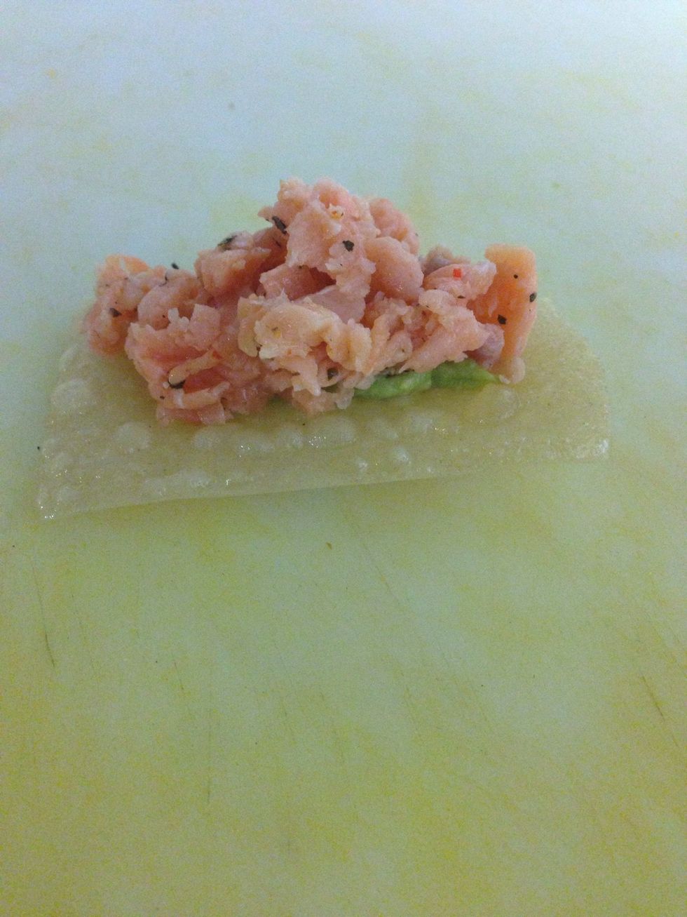 Next put the chopped smoked salmon