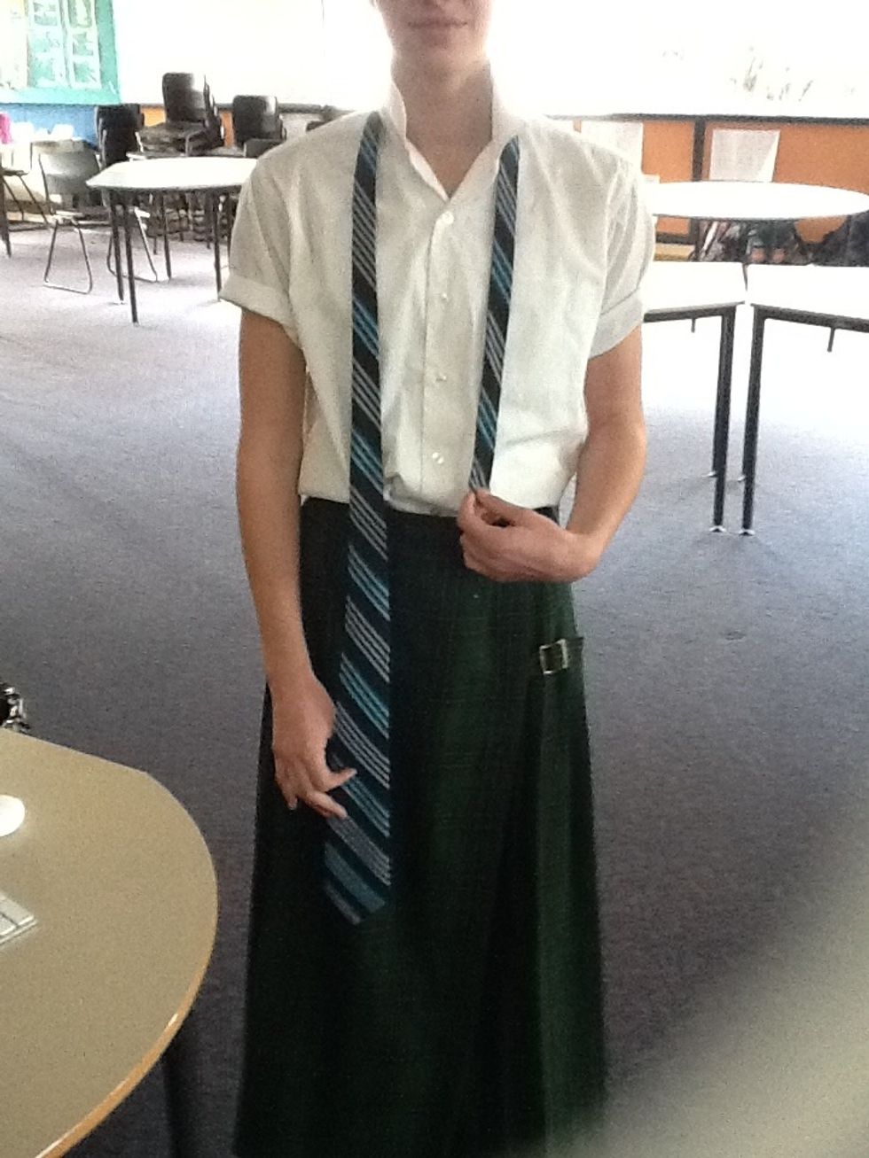 Next, put the tie around your neck, making sure the fat end of the tie is to your right side. Also make sure the fat end is considerably longer than the skinny end.