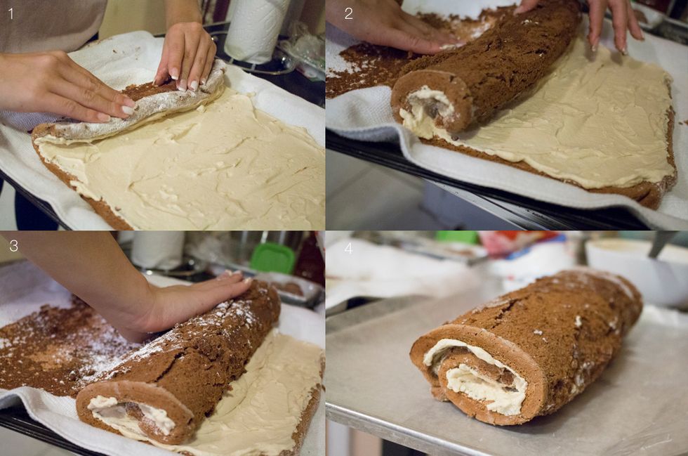 Next roll your cake again, starting the shortest width of the cake without the linen towel this time. You might notice parts of the cake stick to the cloth, add more icing sugar in that case.