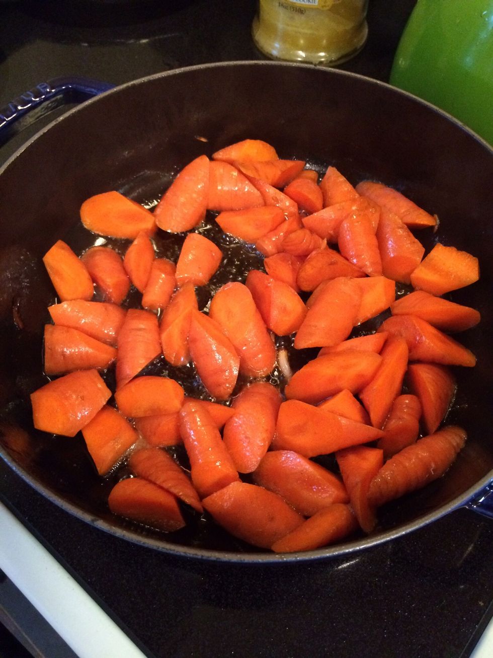 Next, saut\u00e9 the carrots till browned. The recipe states not to peel them so they have a "rustic look". I also cut them using a "roll cut"- it also lends a rustic look. Remove and place aside for later