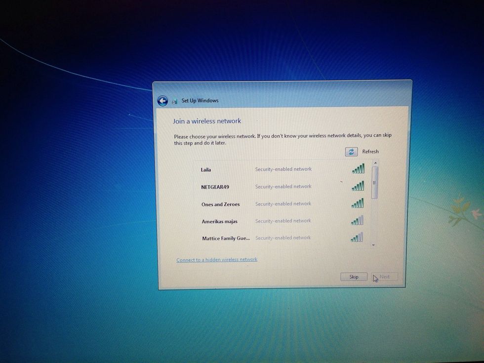 Next select a wireless network if you have one and you are prompted to connect to the Internet.