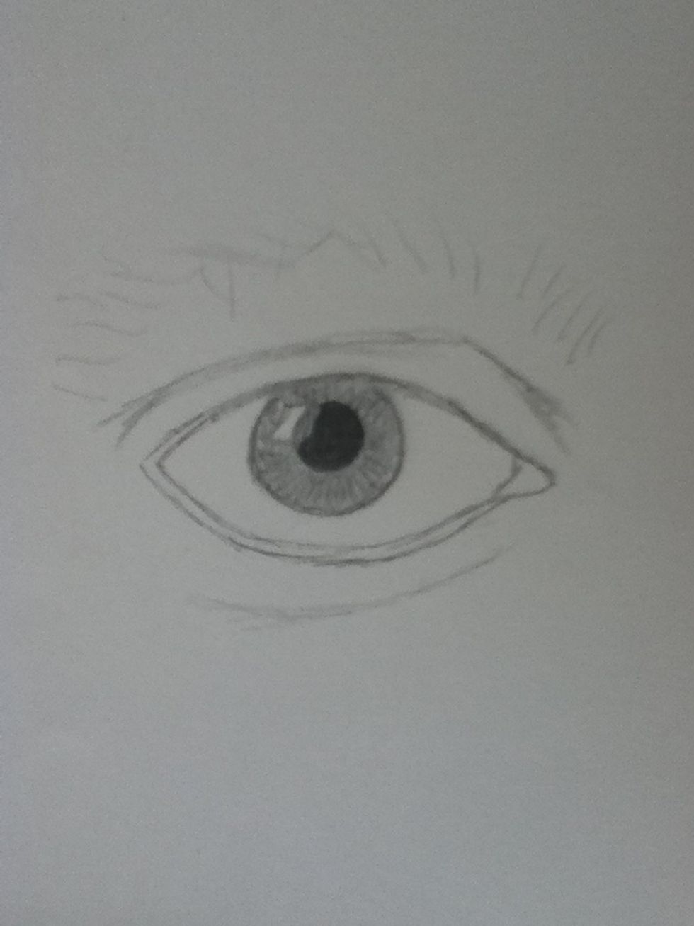 Next shade in the cornea, shade the highlight slightly where it overlaps the pupil. Darken the pupil as well.