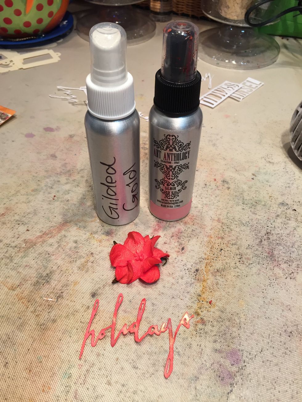 Next, spray a white flower and Holidays with Salmon followed by a spritz of Gilded Gold.