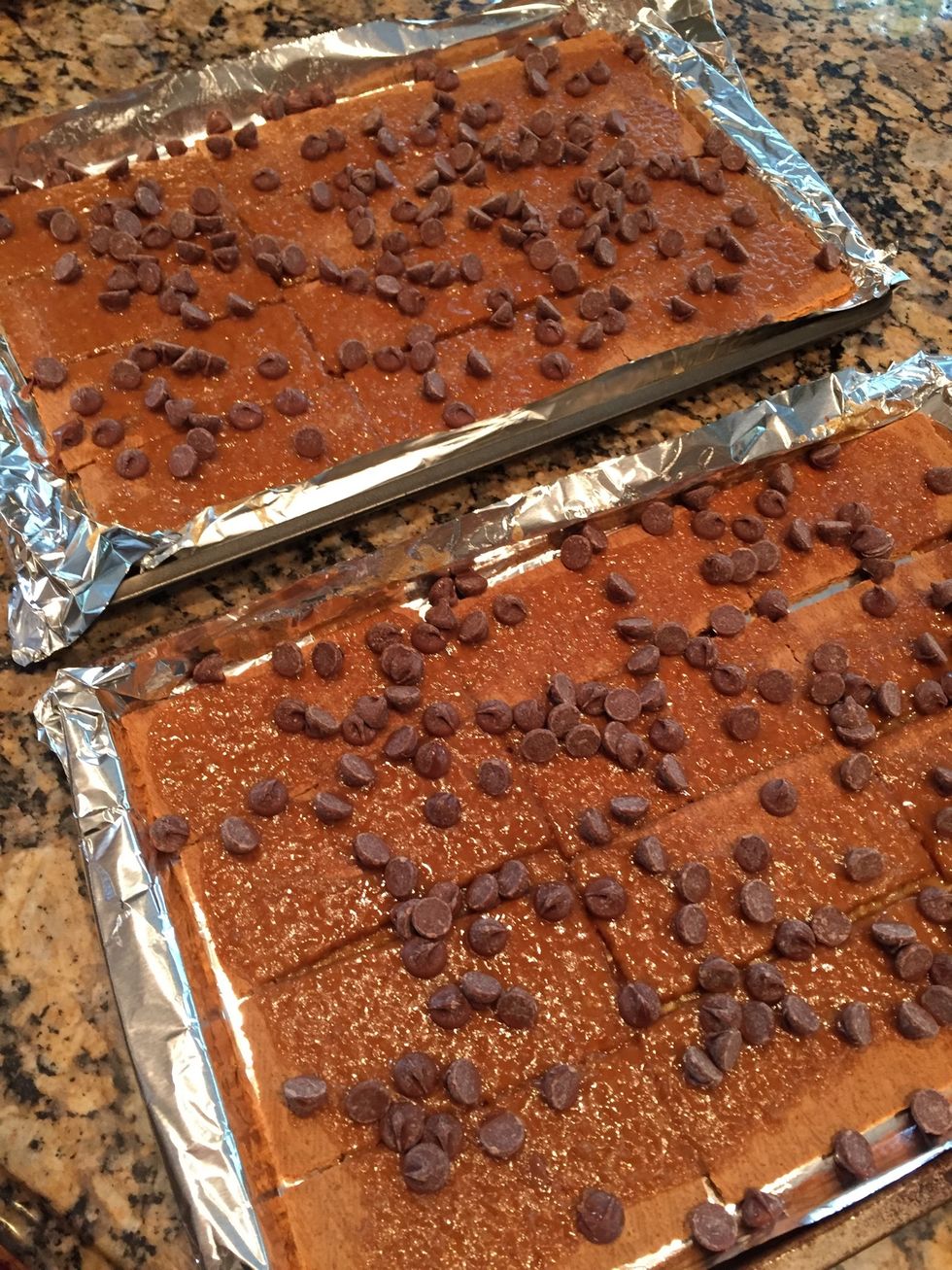 Next sprinkle a bag of milk chocolate chips evenly over both pans. I return the pans to the oven (make sure the heat has turned OFF) and let sit in warm oven a few minutes